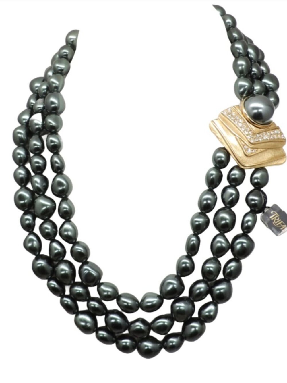 Vintage Marcella Saltz for Trifari 3-Strand Faux-Black Baroque Pearl Necklace